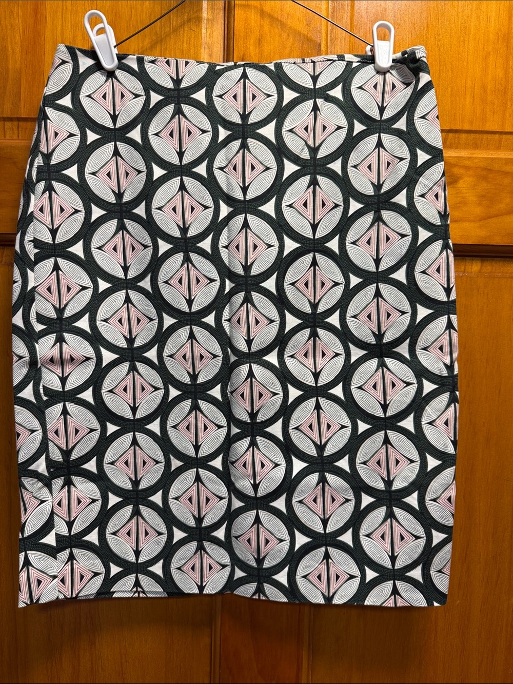 Geometric Print Pencil Skirt - Dark Green, White & Pink
